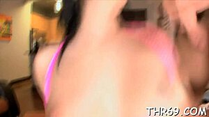 A petite girl gives a rough blowjob to mature guy