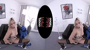 Blonde with big tits masturbating shaved pussy at office desk