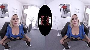 Blonde with big tits masturbating shaved pussy at office desk