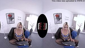 Blonde with big tits masturbating shaved pussy at office desk