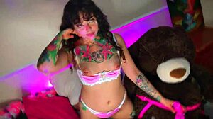 Unboxing new toy, then fucking teddy bear with tongue and squirting