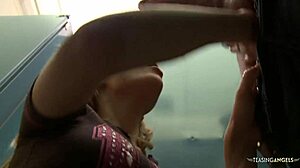 Blonde cutie gets her wet pussy pounded in bathroom