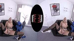 Blonde with big tits masturbating shaved pussy at office desk