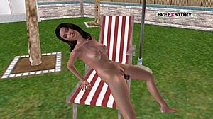 an animated 3d cartoon porn video - cute girl masturbating with bottle near pool?