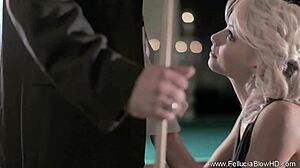 Blonde gives blowjob in CFNM, gets wild cumshot