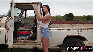 Natural Portuguese babe Carmen Nikole sunbathing nude on plateau