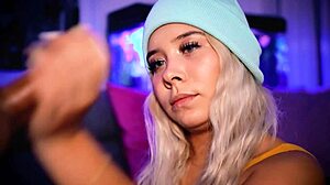 blonde gives boyfriend footjob with big ass