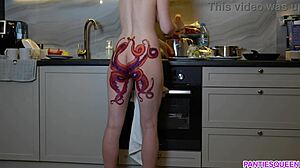 naked housewife with octopus tattoo on big ass cooks dinner, ignoring you