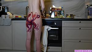 naked housewife with octopus tattoo on big ass cooks dinner, ignoring you