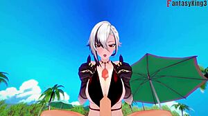 I watch Arlecchino fuck hard in bikini on beach.