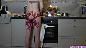 naked housewife with octopus tattoo on big ass cooks dinner, ignoring you
