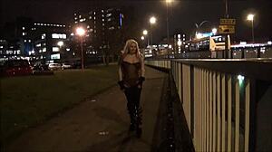 i'm a blonde british babe flashing tits downtown at night