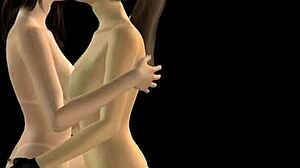 Kaksi söpöä tyttöä suutelee ja hieroo pillua 3D-animeessa