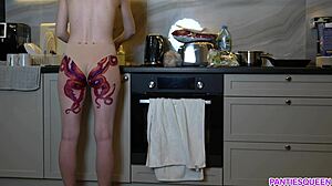 naked housewife with octopus tattoo on big ass cooks dinner, ignoring you