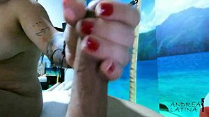 Chubby latina gives horny amateur a detailed handjob as a special gift in pov.