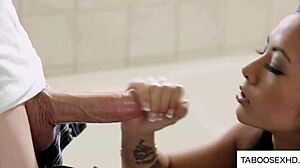 perverted guy feels excitement jerking off before asian girl