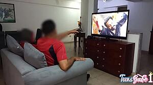 Stupid cuckold brings friend home. Slutty wife fucks him hard without husband knowing!