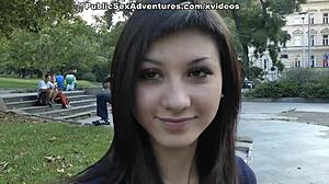 brunette flaunts nice tits naked on public street