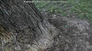 brunette flaunts nice tits naked on public street