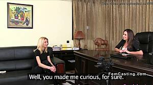 Blonde Fingers Female Agent’s Natural Monster Tits on Sofa