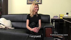 Blonde Fingers Female Agent’s Natural Monster Tits on Sofa