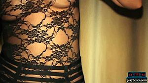 miranda nicole, big boobs milf model, undresses in black lingerie