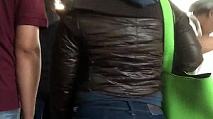 Touching The Chubby Girl's Brown Nylon Jacket Candidly On The Street