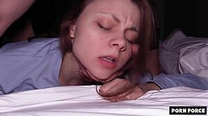 Netflix and chill turned wild with girlfriend bent over on sofa. Quick pounding session ensued!