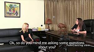 Blonde with Small Tits Licks Agent's Huge Boobs!