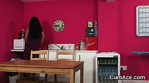 Slutty beauty swallows jizz load