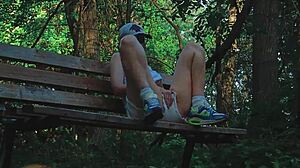 blonde couple reaches climax in forest sport