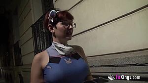 Whoa, busty teen Meraki gives free public blowjobs in cosplay on the street!