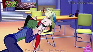 Harley Quinn gives blowjob and handjob in hentai, leading to cumshot