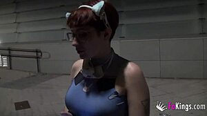 Whoa, busty teen Meraki gives free public blowjobs in cosplay on the street!