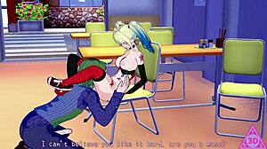 Harley Quinn gives blowjob and handjob in hentai, leading to cumshot