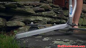 Beautiful redhead sub bound in garage, punished with nipple piercings and heels