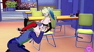 Harley Quinn gives blowjob and handjob in hentai, leading to cumshot