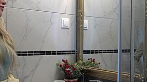 hot new sexy blonde wife changes panties in bathroom, bent over