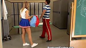 flexible blonde cheerleader babe fingers and masturbates her pussy while sucking and fucking cock in glamour style