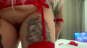 alina modelista porn star in sexy red lingerie, teasing with oil and showing off big ass and small tits on camera