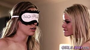 Busty bound blonde explores lesbian desires. Her fingering drives wild passion.