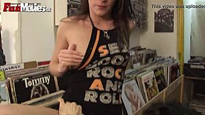 German amateur brunette gets anal fucked in shop threesome