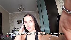 brunette deepthroats big dick, hard anal sex, cum inside after gym