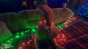 Christmas Milf Performs Sloppy Blowjob and Doggy Anal Sex with Creampie Closeup