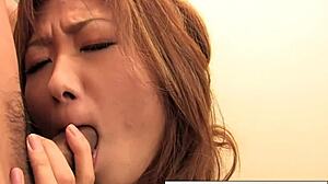 asian girl sucks one guy while another drills her with dildo