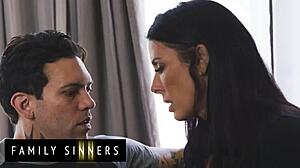 reagan foxx seduces stepson small hands with big tits while stripping down.