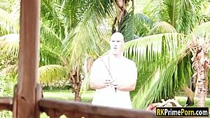 Teen Quinn Wilde gags on monster cock outdoors. She swallows every drop!