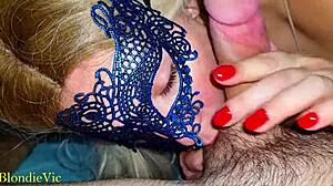 Real couple's sloppy blowjob ends with cum on big tits.