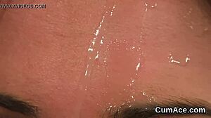 The hot babe receives cum shots on her face and swallows all the cum.
