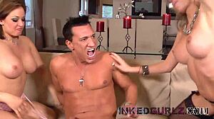 Inked Blonde Swaps Cum in Wild Threeway